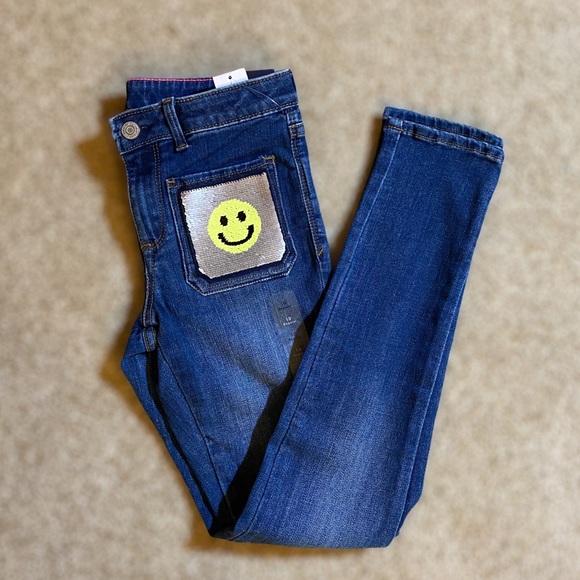 Gap Kids Skinny Sequin Flippy Emoji Jeans, Hi Bye Smiley Face NWT Size 10 - Picture 13 of 14